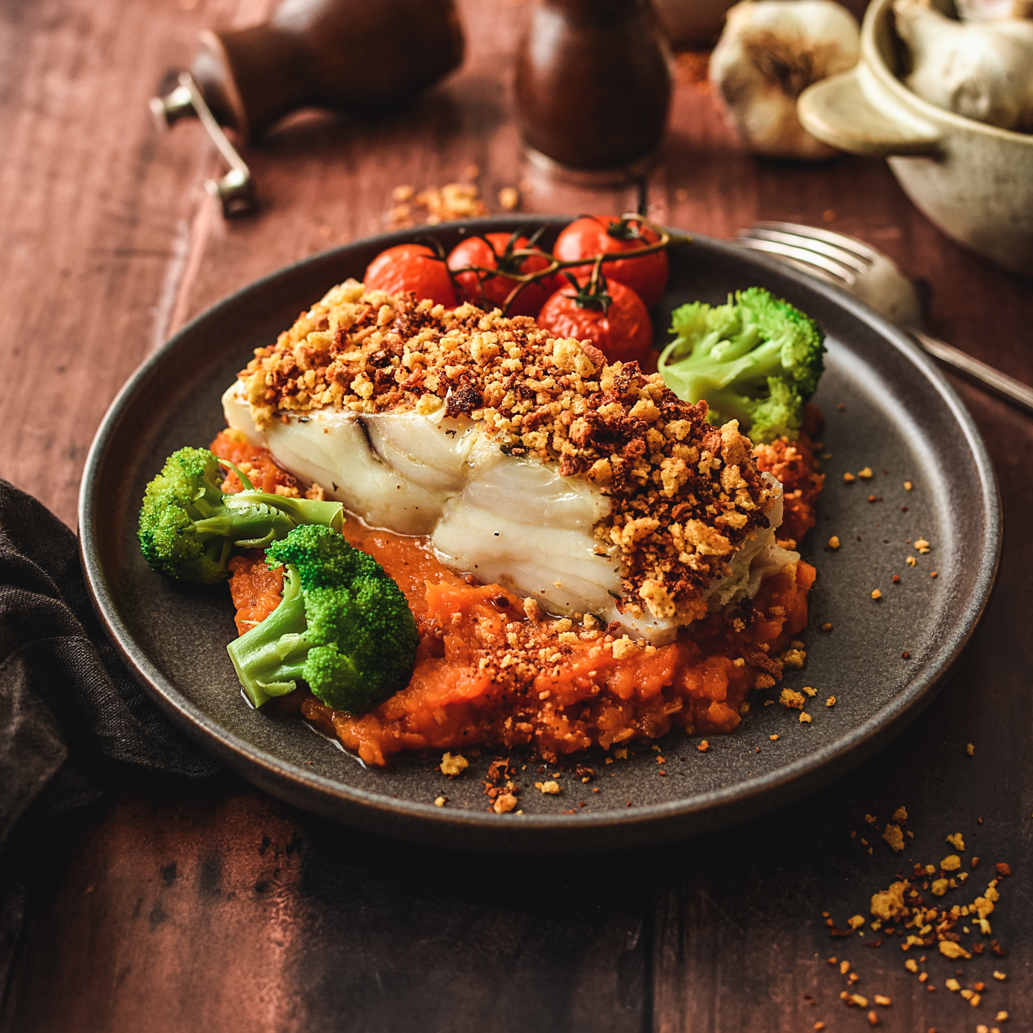 Bacalhau Confitado com Esmagada de Batata Doce e Tomate Seco